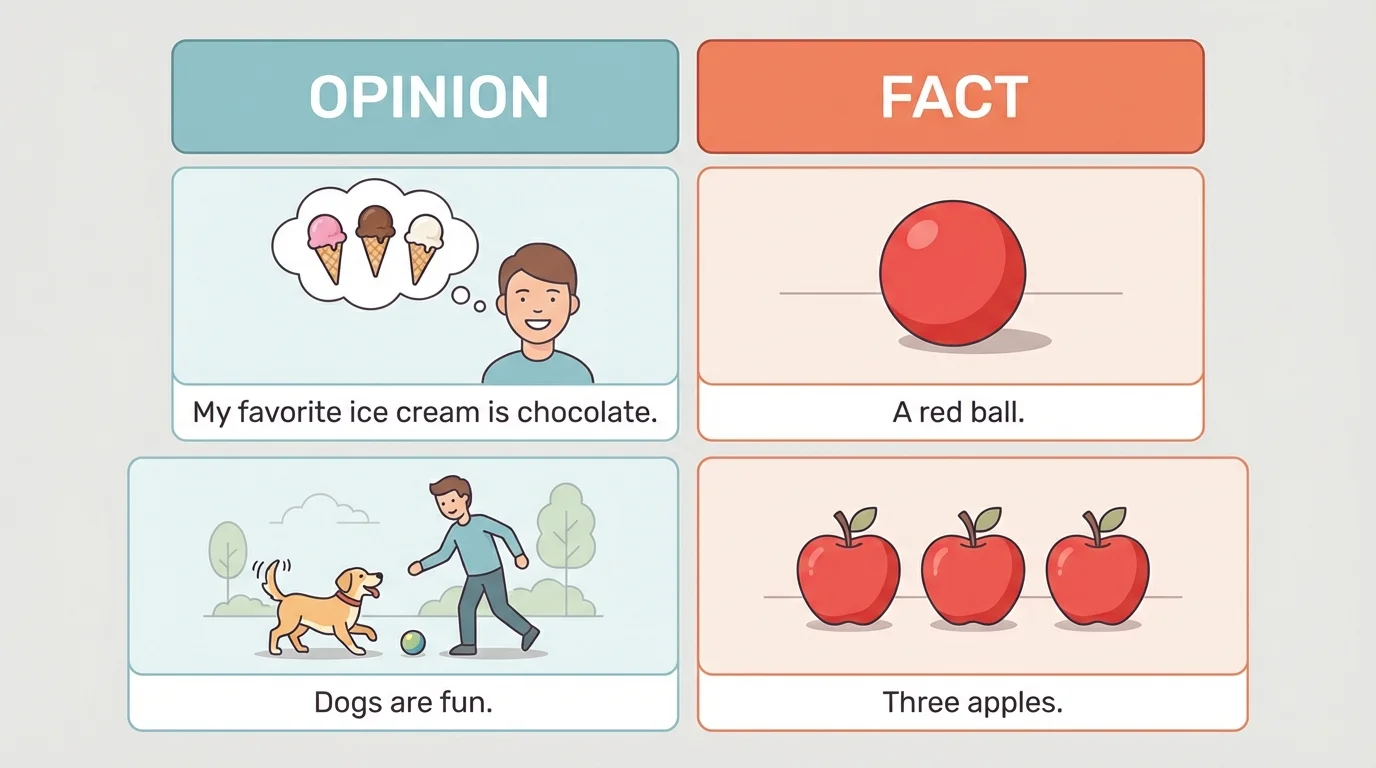two-column chart labeled Opinion and Fact with simple examples such as favorite ice cream, a red ball, three apples, and dogs are fun