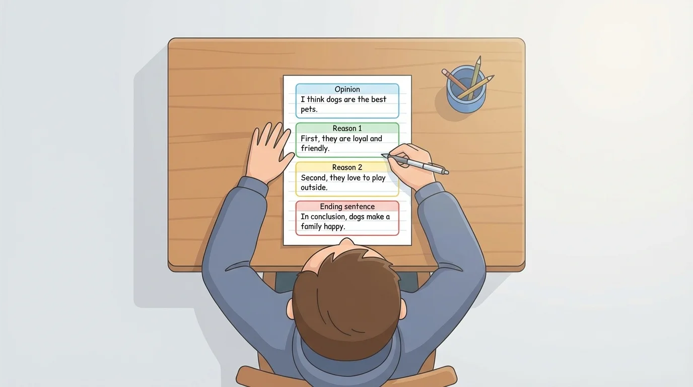 child writing at a desk with simple labels showing Opinion, Reason 1, Reason 2, and Ending sentence on the paper