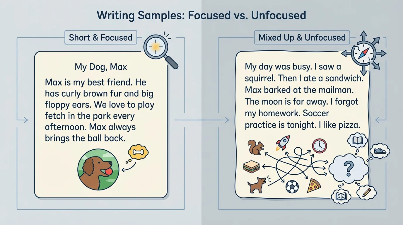 side-by-side writing samples one short and focused and one mixed up with too many ideas