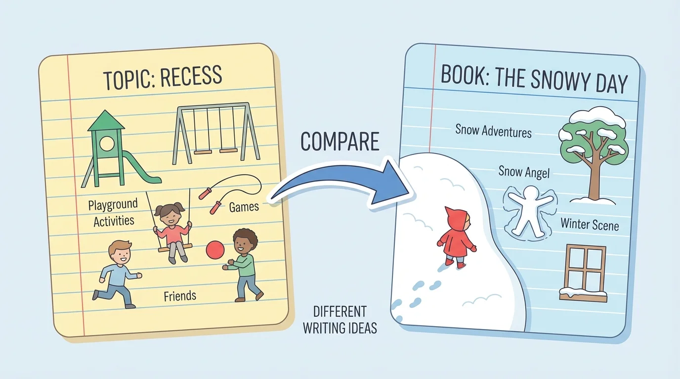 child-friendly comparison showing one paper labeled Topic Recess and another labeled Book The Snowy Day