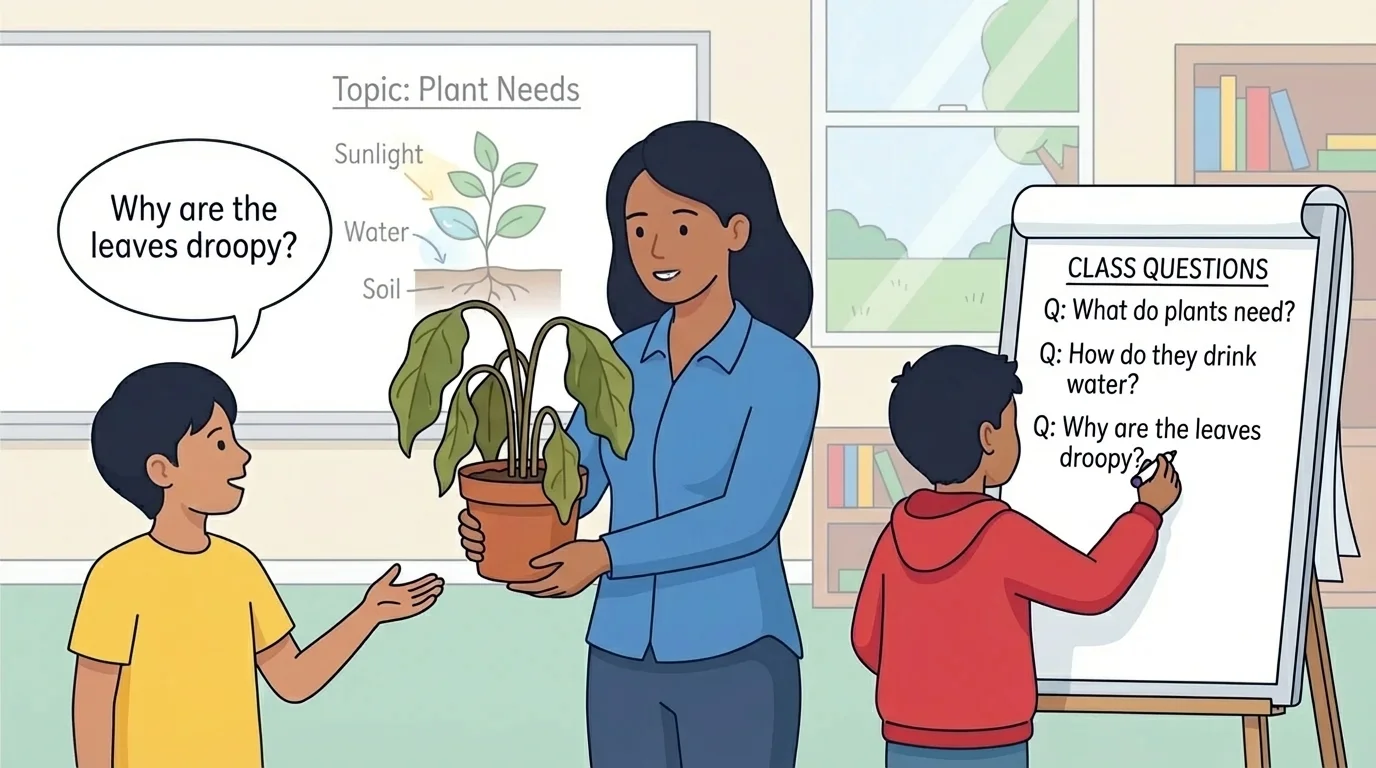 Classroom scene with a teacher showing a plant and a child asking, 'Why are the leaves droopy?' while another child writes the question on chart paper