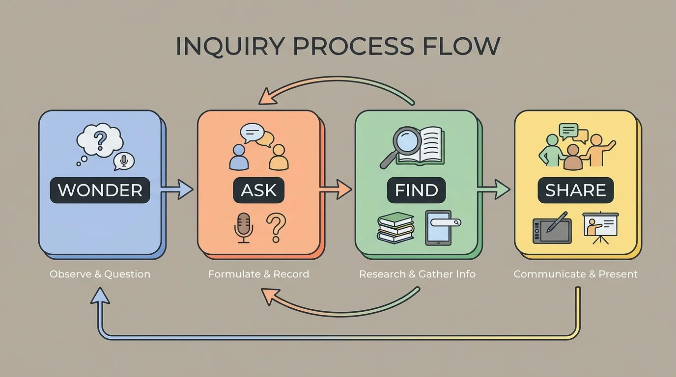 Flowchart with boxes labeled Wonder, Ask, Find, and Share, with arrows between them and small icons of speaking, books, and drawing