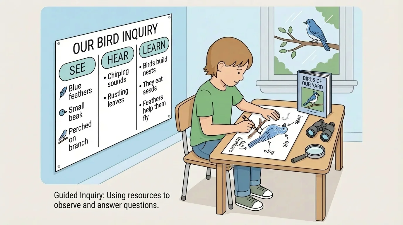 simple classroom inquiry chart with columns labeled see, hear, and learn, next to a child drawing and labeling a bird
