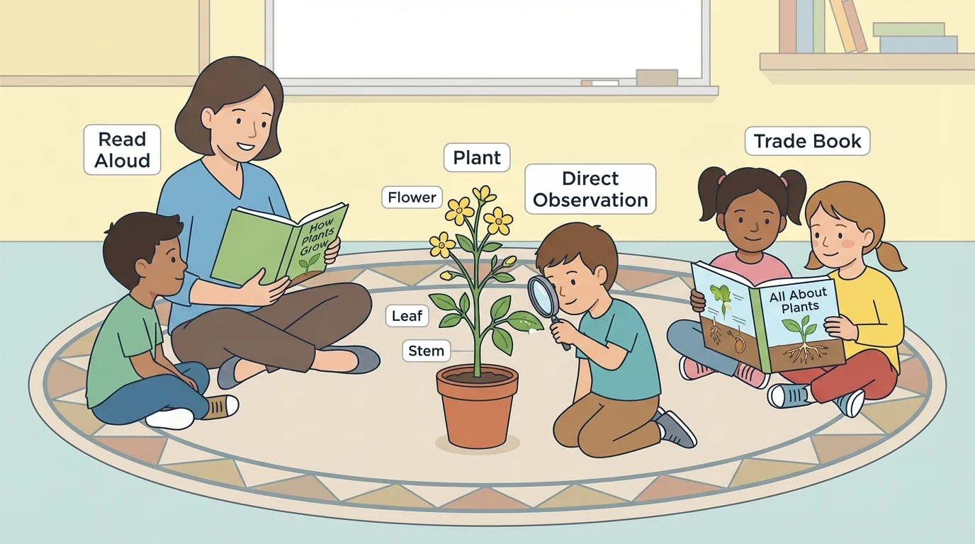children investigating a plant using direct observation, a picture book, and a teacher read-aloud on a classroom rug