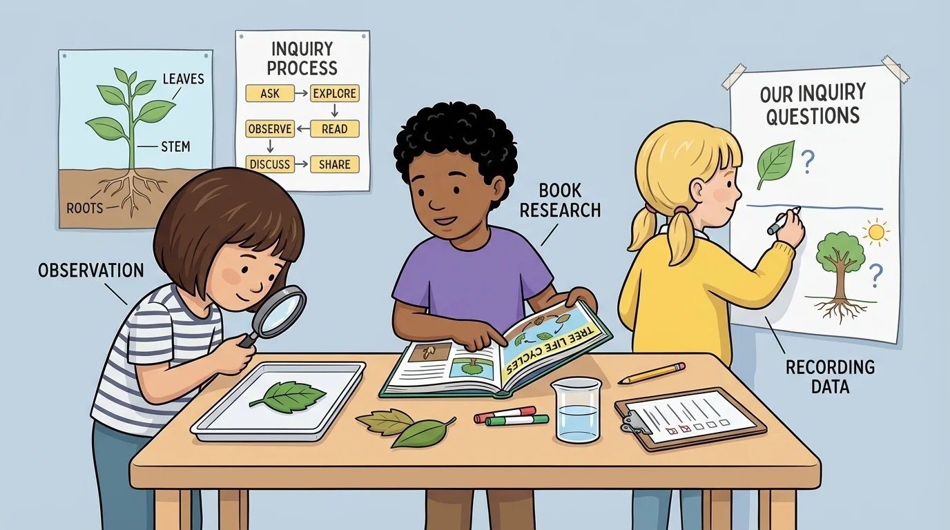 small group of first graders sharing roles during inquiry, one observing a leaf, one using a book, and one drawing on chart paper