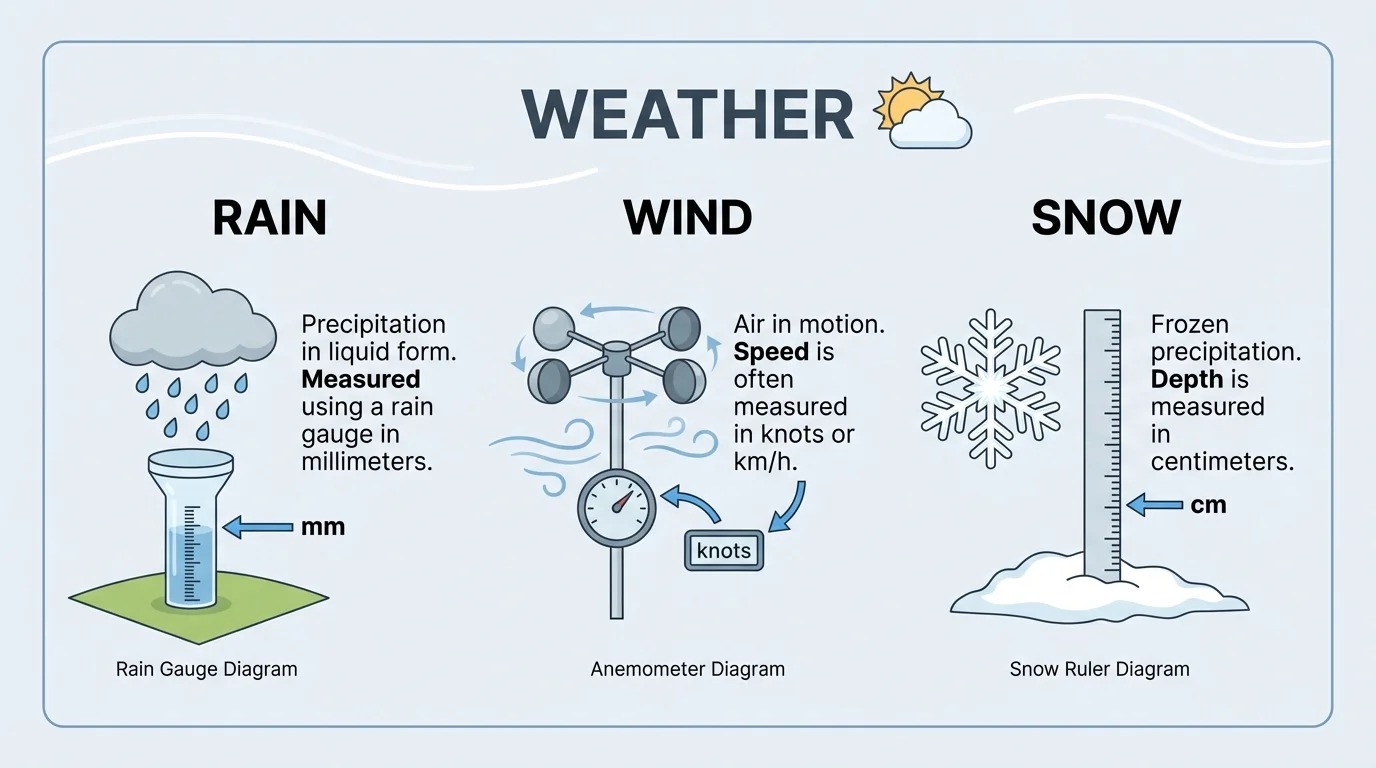 Book page titled Weather with three headings, Rain, Wind, and Snow, in separate sections