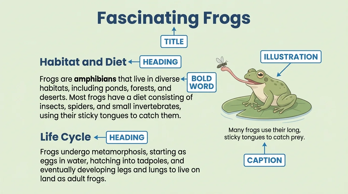Simple nonfiction page about frogs with labels for title, heading, illustration, bold word, and caption