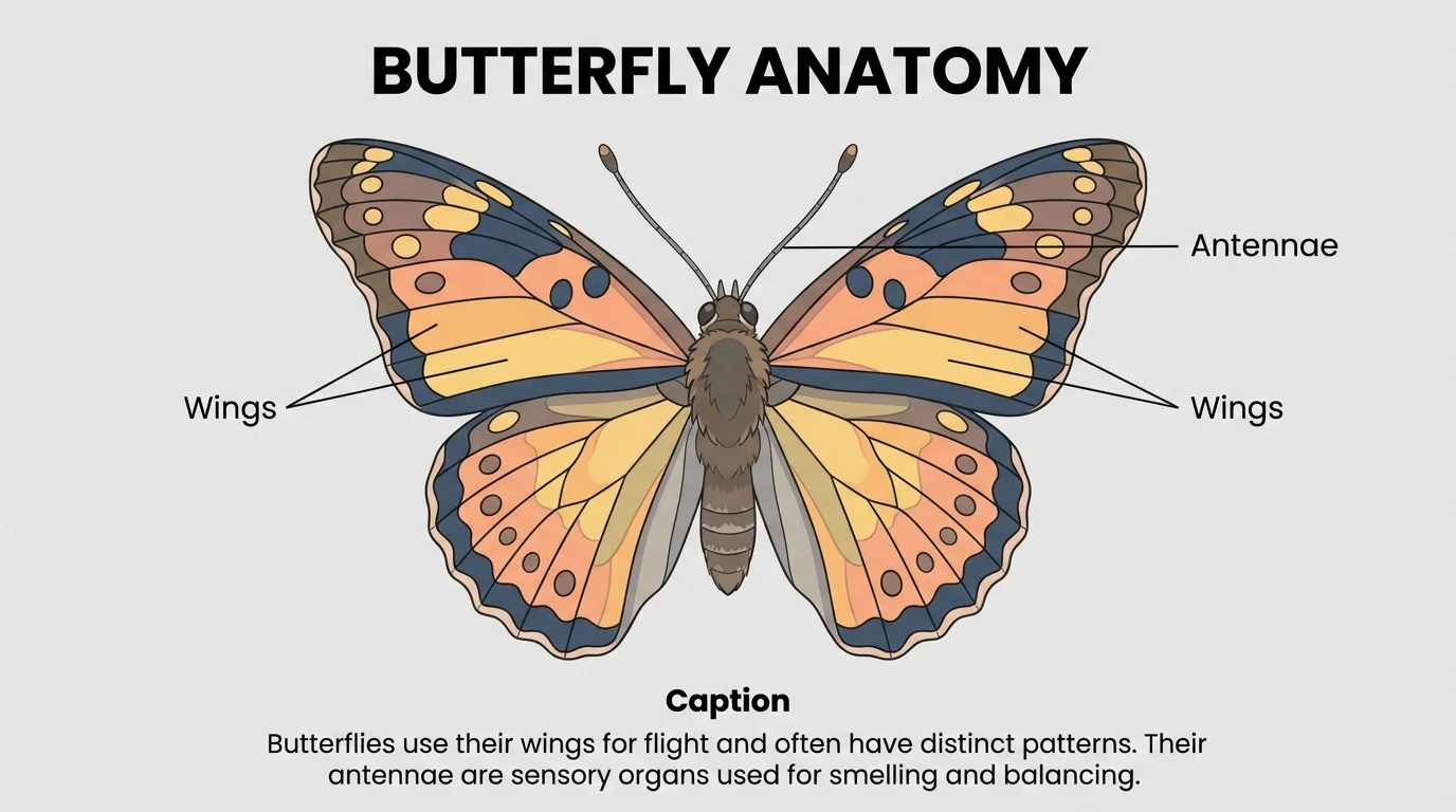 Illustration of a butterfly with labels for wings and antennae and a short caption underneath