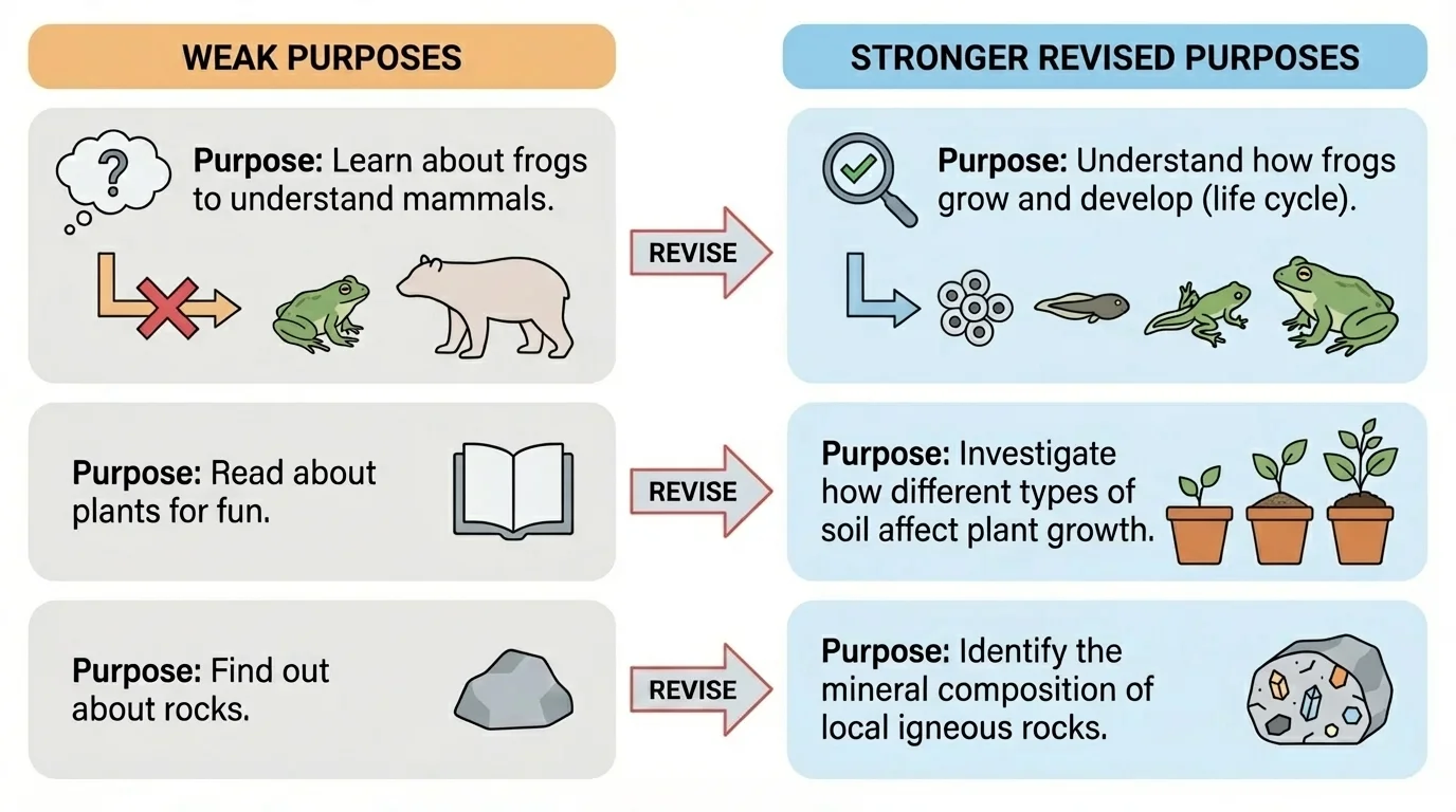 Weak purposes on left and stronger revised purposes on right including frogs to mammals corrected to frogs grow or frogs live
