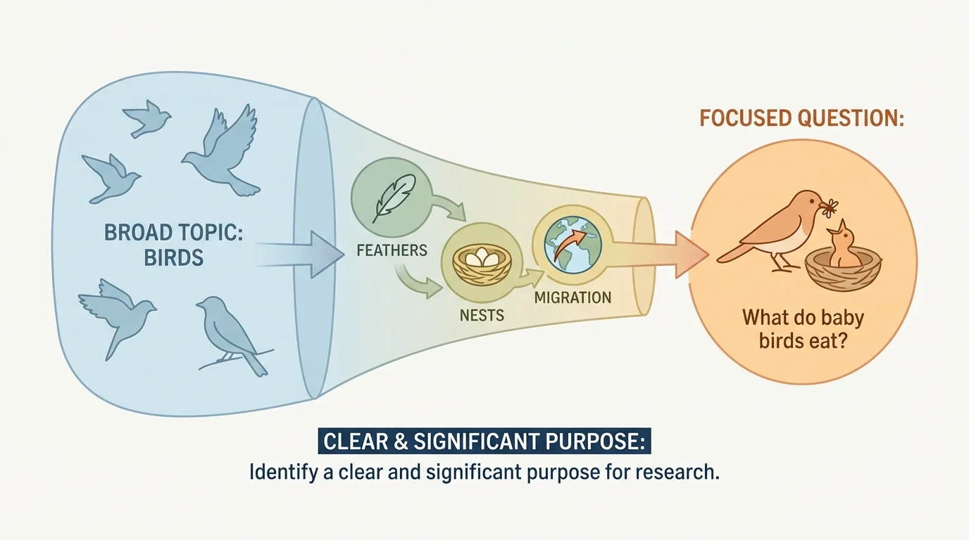 Broad topic birds narrowing to feathers, nests, migration, and final focused question What do baby birds eat?