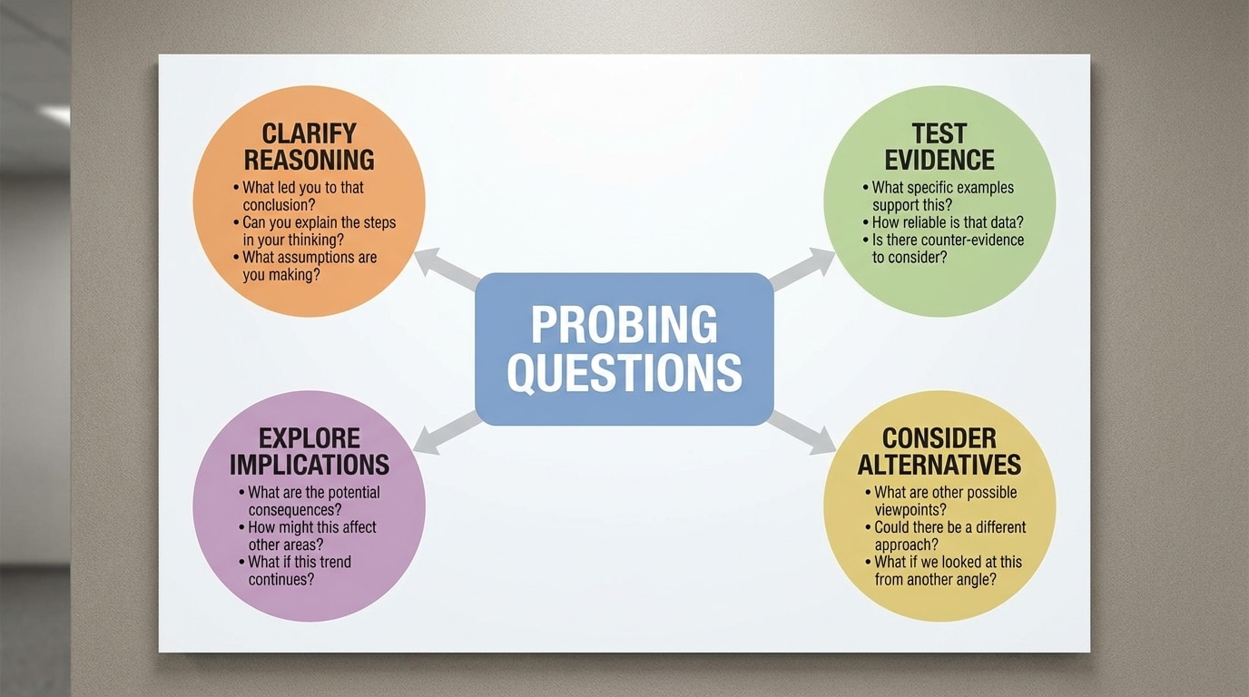Concept map showing four types of probing questions (clarify reasoning, test evidence, explore implications, consider alternatives), each bubble with 2–3 example question stems.