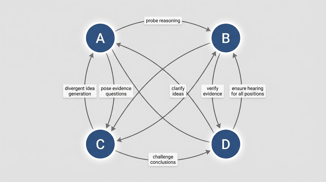 Flow diagram of a four-person discussion; circles labeled A, B, C, D with arrows between them labeled with moves such as “probe,” “clarify,” “challenge,” and “divergent idea.”