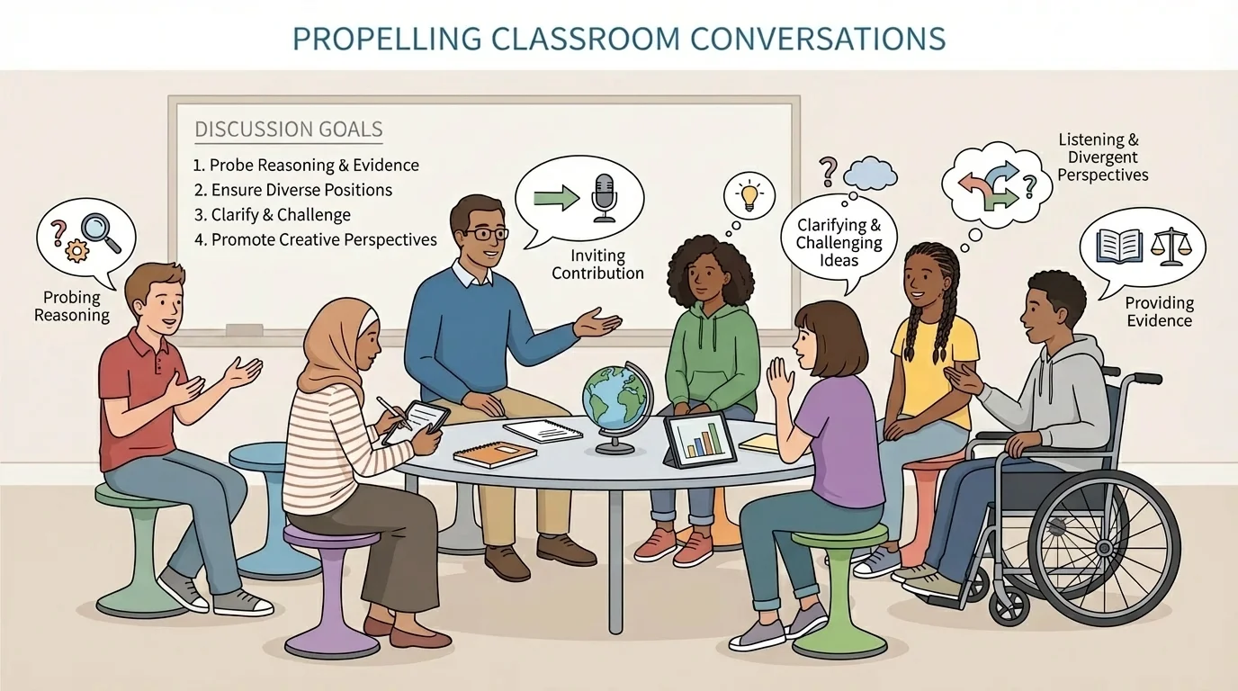 Classroom discussion circle with diverse students speaking and listening, one student taking notes, and a facilitator gesturing to invite a quieter student to contribute
