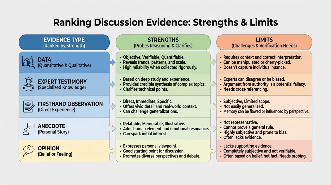 Comparison chart ranking discussion evidence types such as data, expert testimony, firsthand observation, anecdote, and opinion, with simple notes on strengths and limits