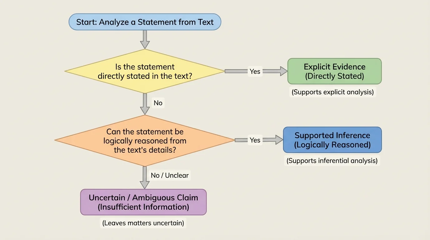flowchart sorting statements into explicit evidence, supported inference, or uncertain ambiguous claim