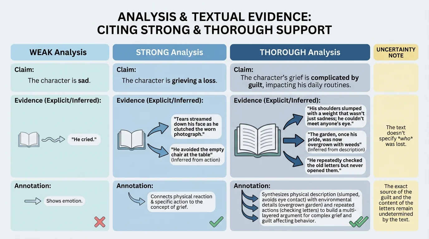 chart comparing weak, strong, and thorough evidence-based analysis with sample annotations