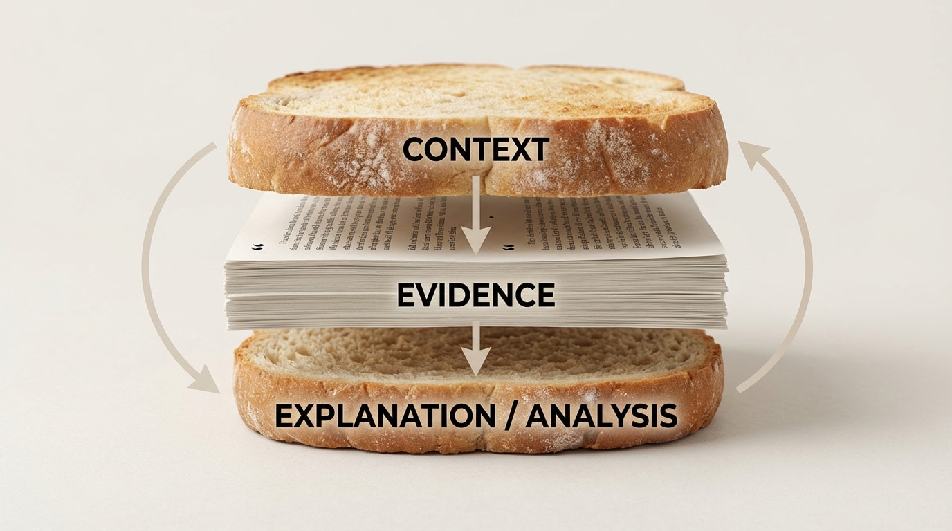Diagram of a “quotation sandwich” showing three stacked layers labeled Context (top bread), Evidence (filling), and Explanation/Analysis (bottom bread), with arrows indicating the flow of an analytical paragraph.