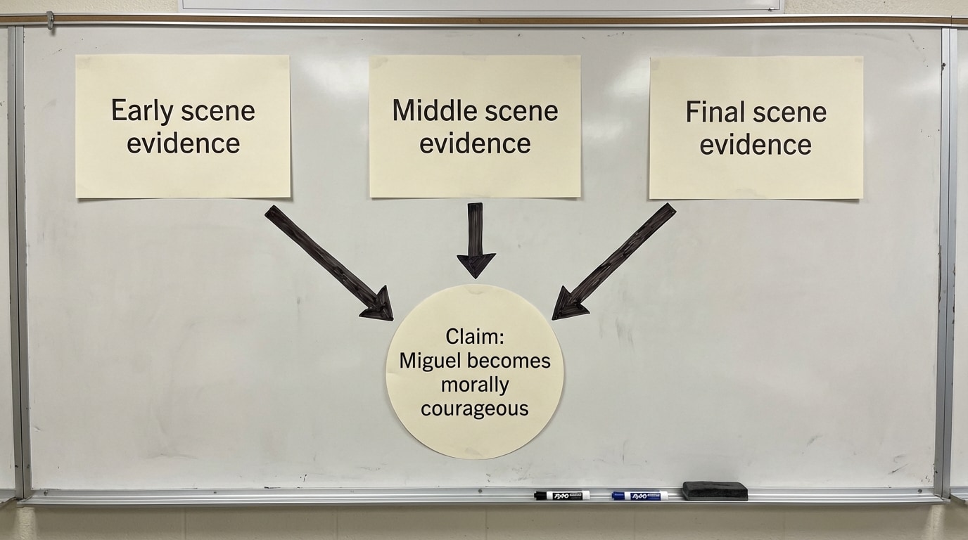 Concept map with three rectangles labeled “Early scene evidence,” “Middle scene evidence,” and “Final scene evidence,” each with arrows pointing toward a central circle labeled “Claim: Miguel becomes morally courageous.”