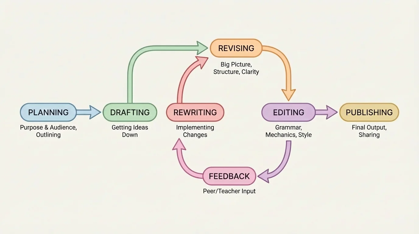 flowchart of planning, drafting, revising, editing, feedback, rewriting, and publishing with arrows looping back