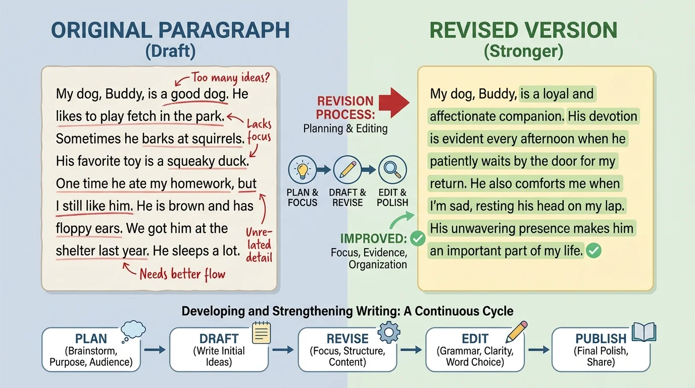 chart comparing an original paragraph with a revised version, highlighting improved focus, clearer evidence, and stronger organization