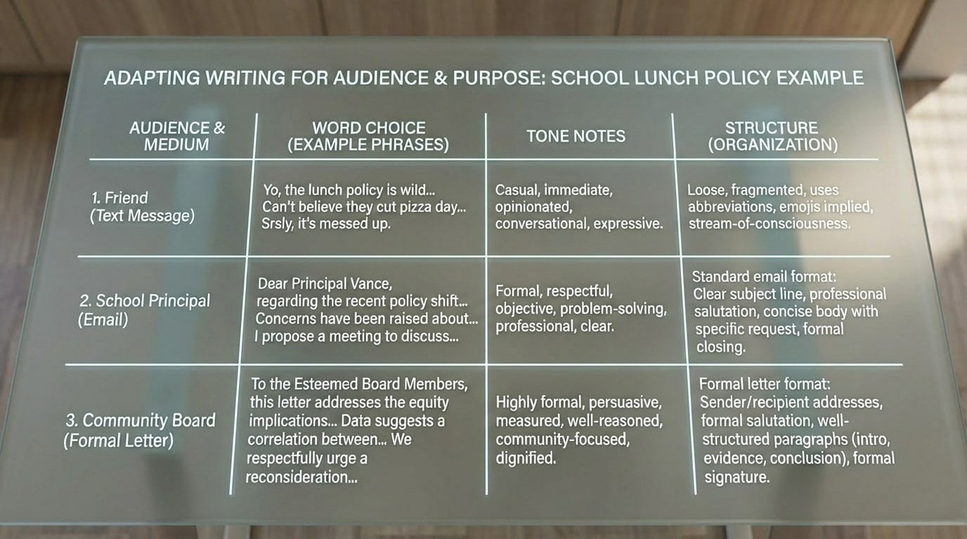 Table comparing word choice, tone, and structure when explaining the same school lunch policy issue to three different audiences: (1) a friend over text, (2) the school principal in an email, (3) a community board in a formal letter. Include example phrases and tone notes in each column.