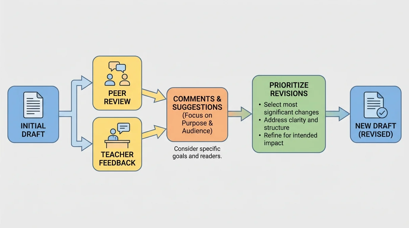 flowchart showing draft shared with peer and teacher, comments returned, writer choosing priorities, and producing a new draft