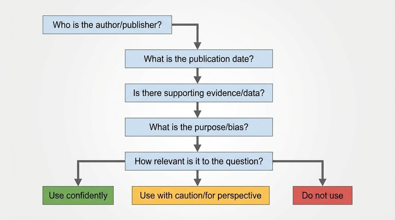 A flowchart that starts with 'Who is the author/publisher?' then branches through questions about date, evidence, purpose/bias, and relevance, ending in three possible outcomes: 'Use confidently', 'Use with caution/for perspective', 'Do not use'