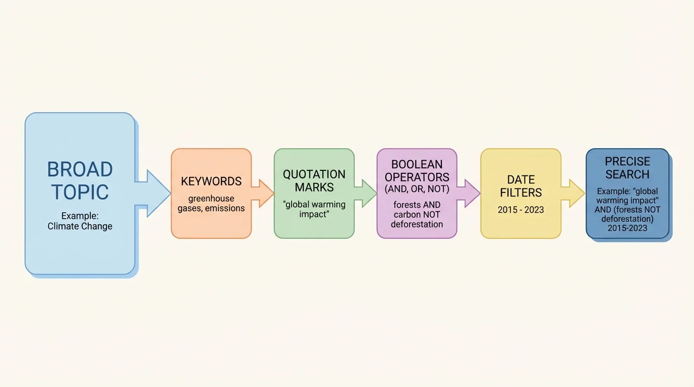 Flowchart showing a broad topic becoming a precise search using keywords, quotation marks, Boolean operators, and date filters