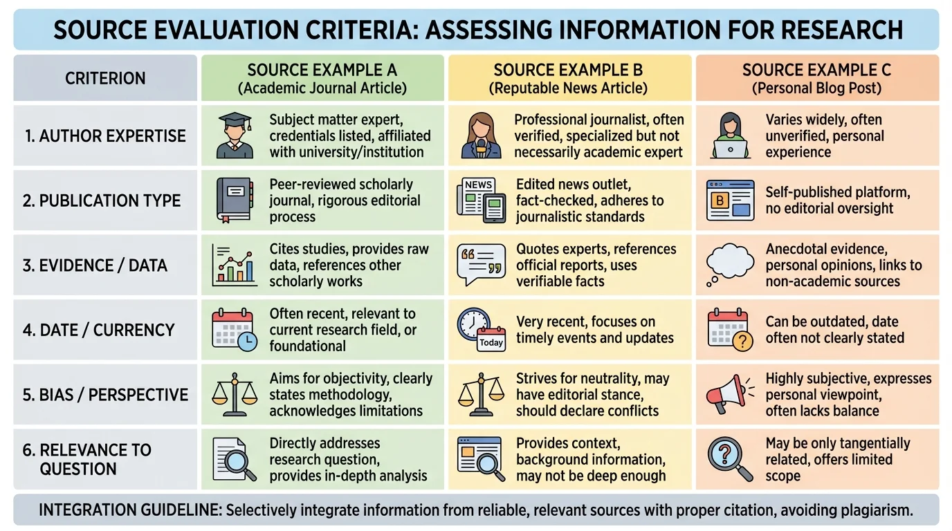 Chart comparing source evaluation criteria such as author expertise, publication type, evidence, date, bias, and relevance to the research question