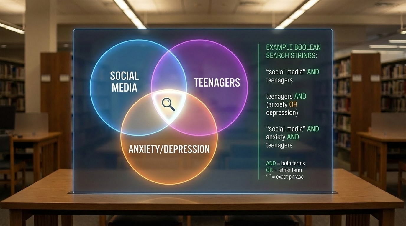 A Venn-diagram-style diagram showing three circles labeled 'social media', 'teenagers', 'anxiety/depression' with the overlapping center highlighted, plus example Boolean search strings using AND, OR, and quotation marks beside it