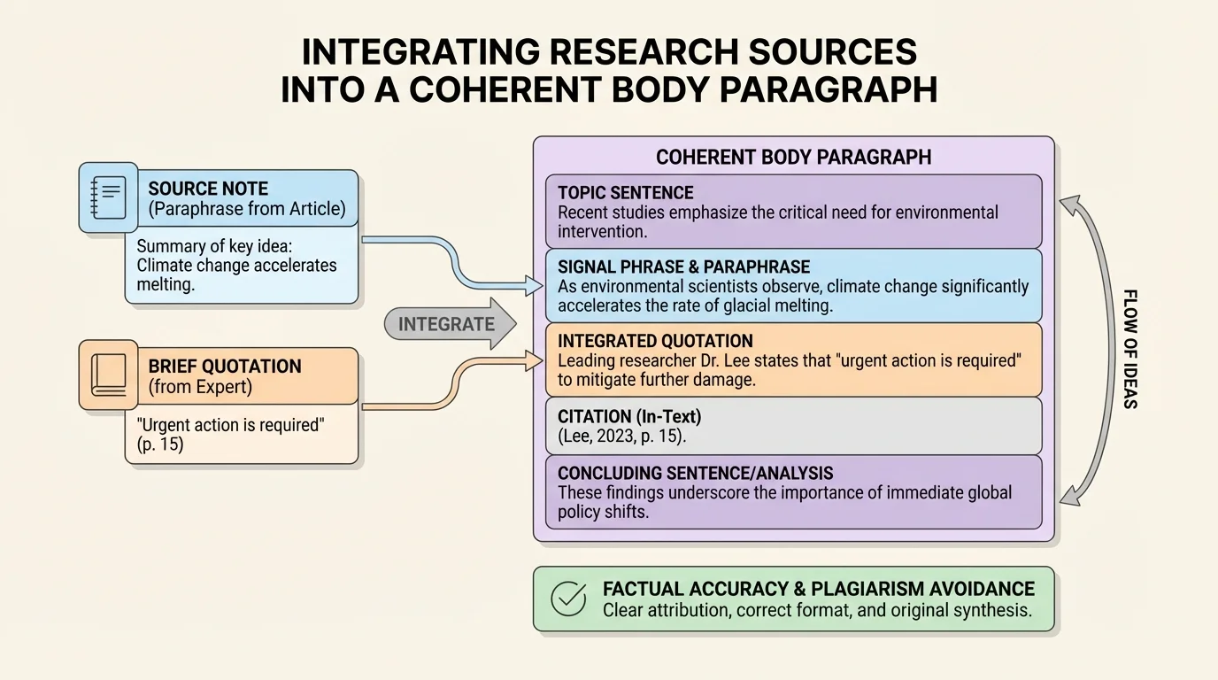 Diagram showing source note, paraphrase, brief quotation, signal phrase, and citation integrated into one coherent body paragraph