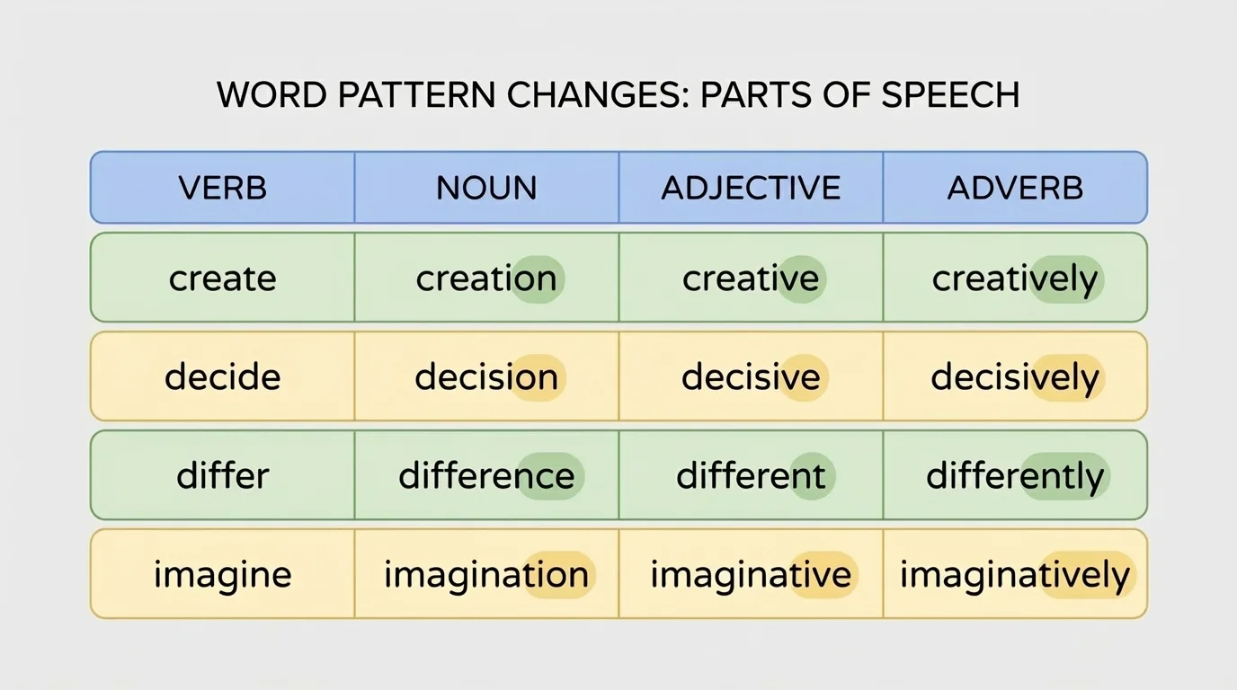 Comparison chart with columns labeled verb, noun, adjective, adverb and rows of examples such as create/creation/creative/creatively, decide/decision/decisive/decisively, and differ/difference/different/differently