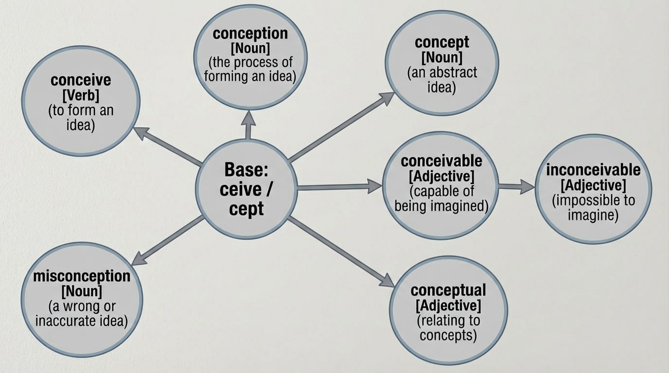 Word-family tree centered on the base 'ceive/cept', with branches to 'conceive' (verb), 'conception' (noun), 'concept' (noun), 'conceivable' (adjective), 'inconceivable' (adjective), 'conceptual' (adjective), 'misconception' (noun), each bubble labeled with its part of speech and a brief meaning note