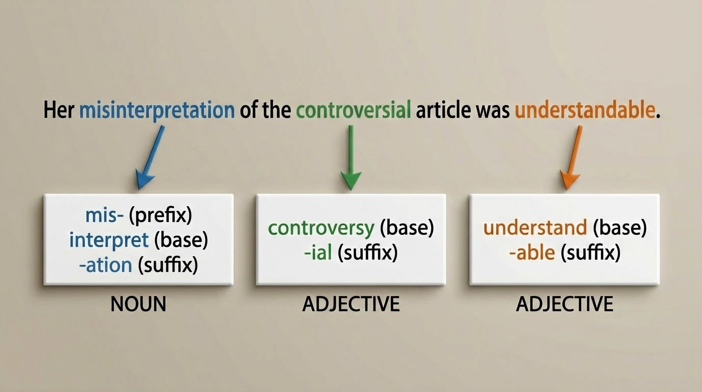An English sentence 'Her misinterpretation of the controversial article was understandable.' with each derived word color-coded and arrows pointing to boxes showing their bases (interpret, controversy, understand), prefixes (mis-), and suffixes (-tion, -ial, -able), with labels for parts of speech: noun, adjective, verb