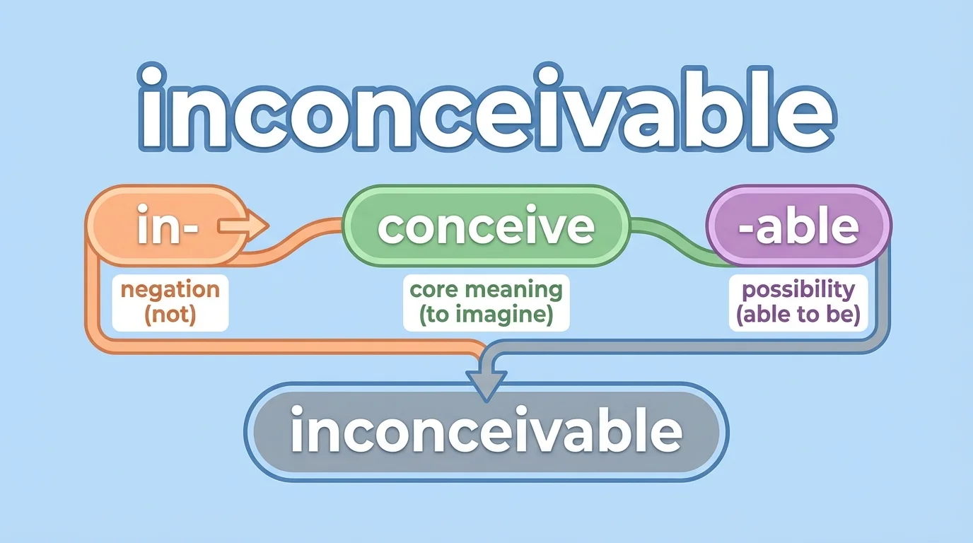 Word-building diagram showing the word inconceivable split into prefix in-, base conceive, and suffix -able, with short labels for negation, core meaning, and possibility