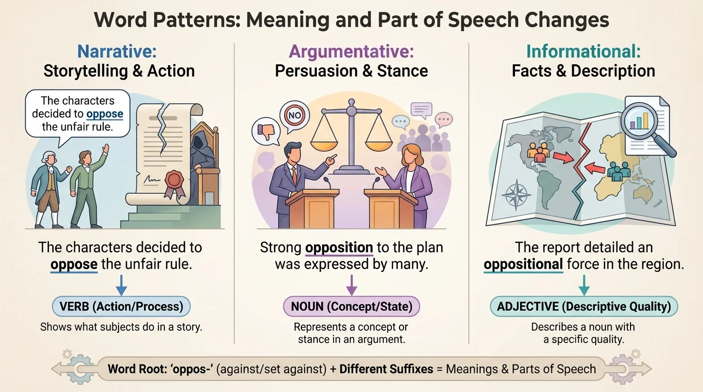 Three-panel comparison labeled narrative, argumentative, and informational, each showing a short sentence using related forms such as oppose, opposition, and oppositional in different contexts