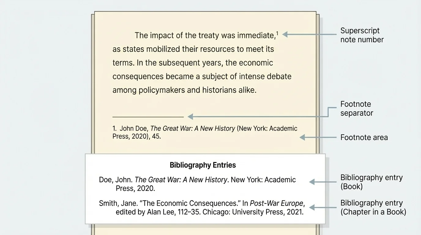 sample Turabian history paper page showing superscript note number, footnote area, and bibliography entries