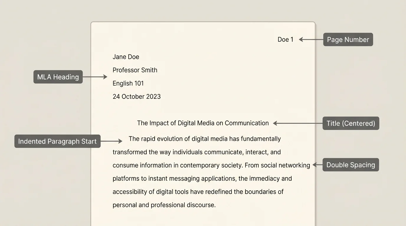labeled sample MLA first page with heading, page number, title, double spacing, and paragraph format