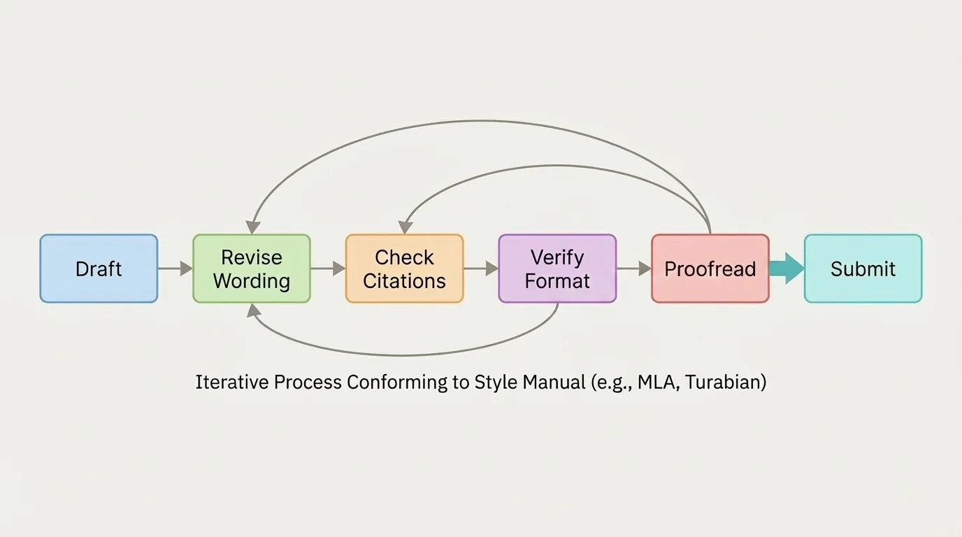 flowchart of recursive editing process with boxes for draft, check citations, verify format, revise wording, proofread, and submit