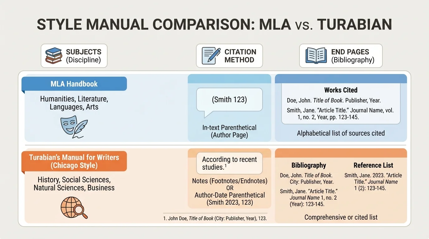 comparison chart showing MLA and Turabian with columns for subjects, citation method, and end pages