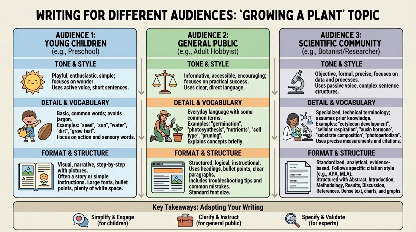 chart comparing one topic across three audiences with differences in tone, detail, vocabulary, and format