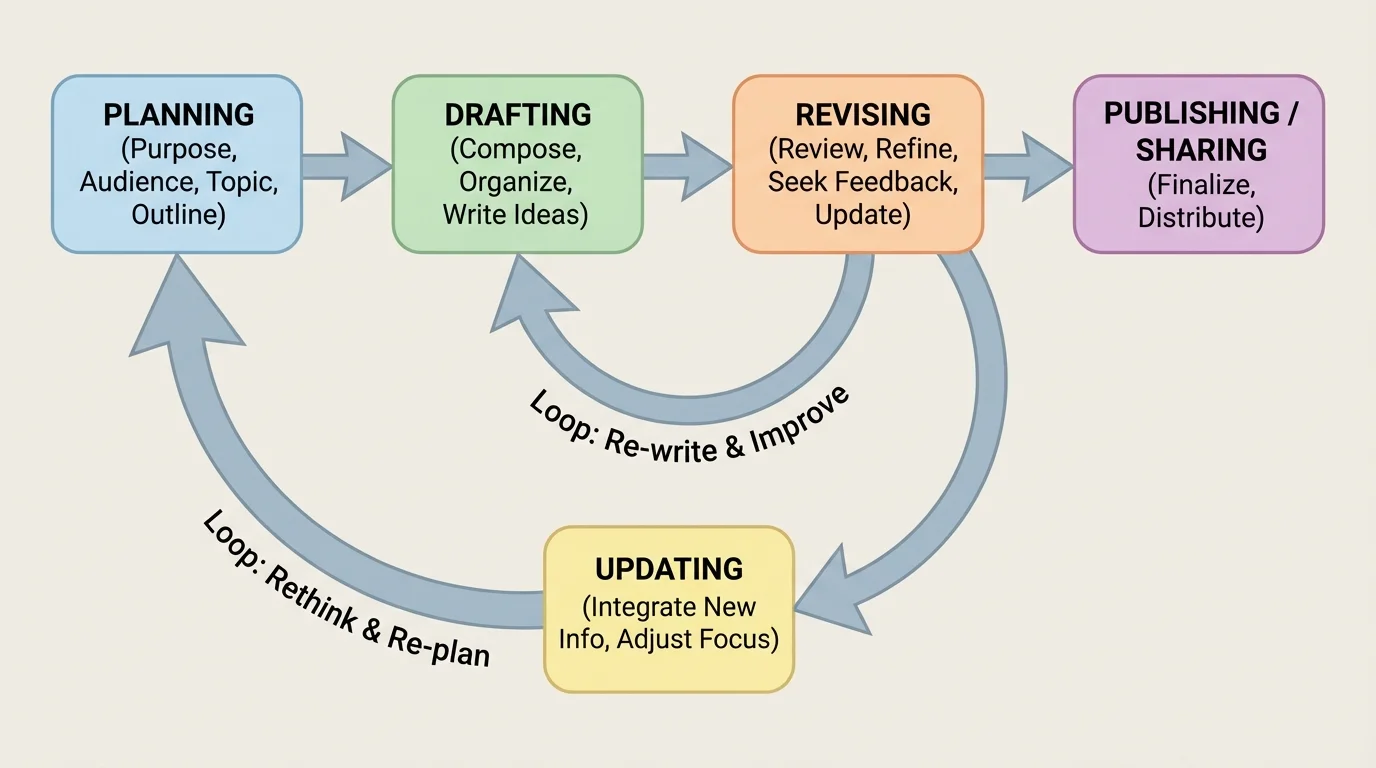flowchart of the recursive writing process with arrows looping from revising back to drafting and from updating back to planning