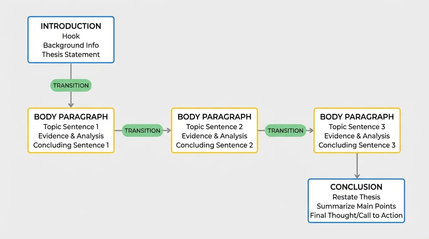 diagram of an essay structure with introduction, three body paragraphs, transitions, and conclusion labeled