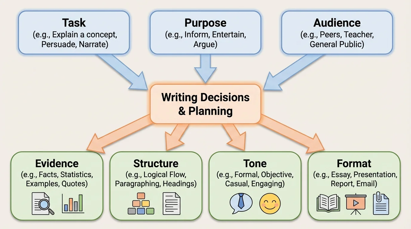 flowchart showing task, purpose, and audience leading to choices about evidence, structure, tone, and format