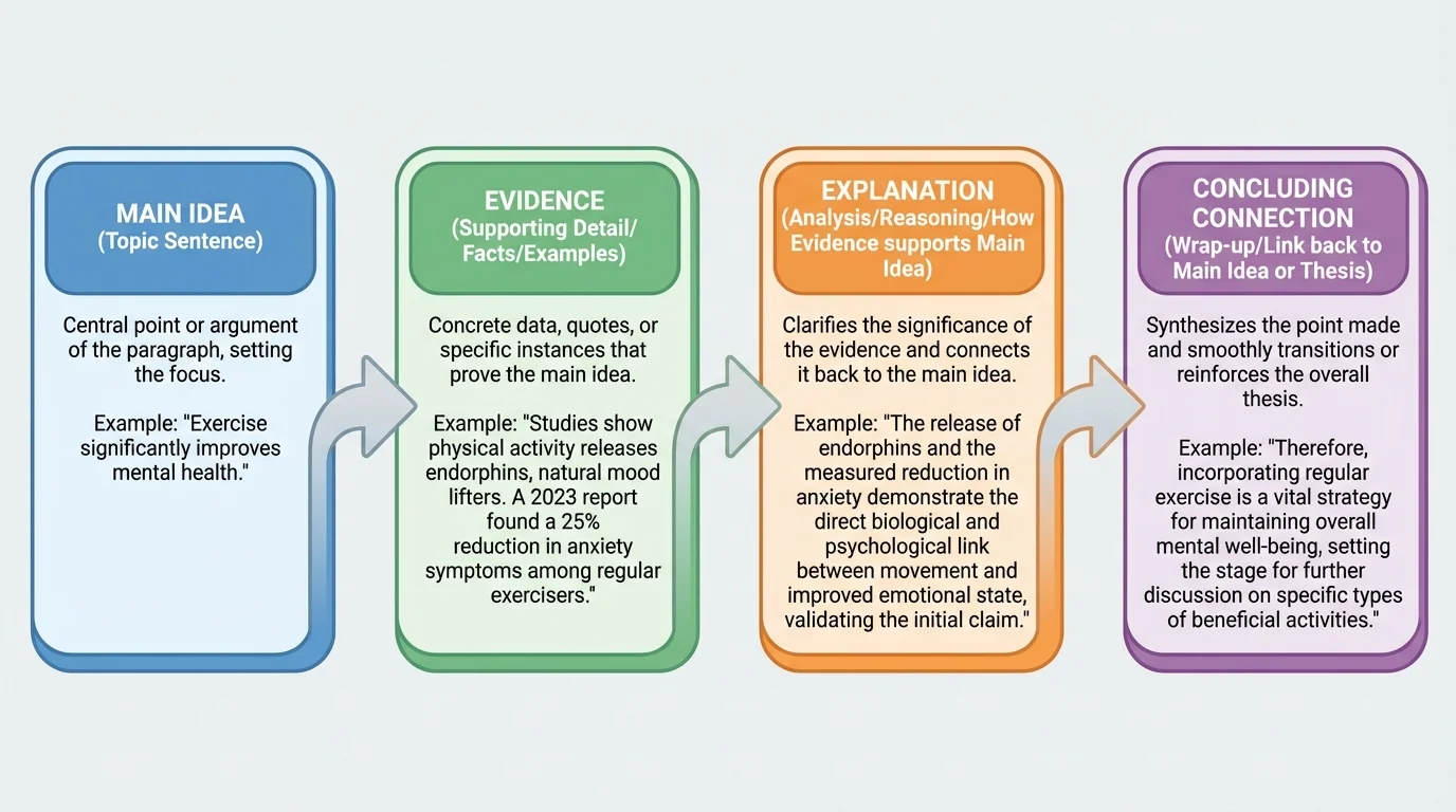 flowchart showing paragraph development from main idea to evidence, explanation, and concluding connection
