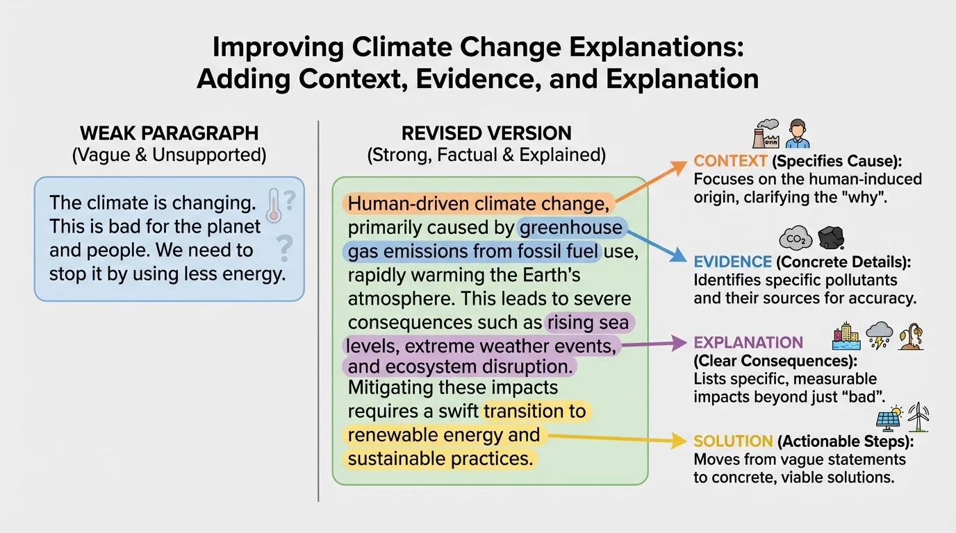 chart showing weak climate-change paragraph beside revised version with notes for added context, evidence, and explanation