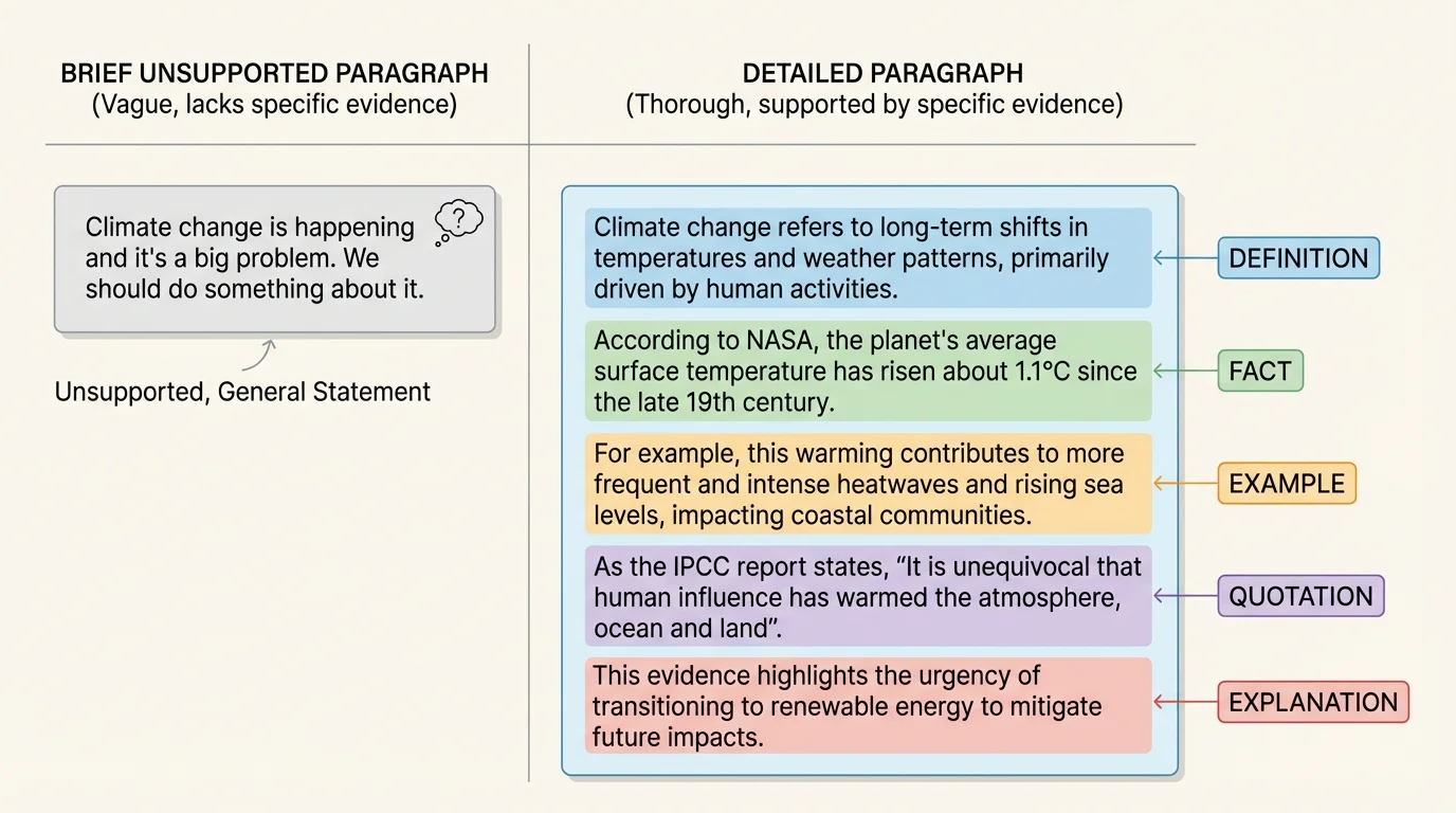 chart comparing a brief unsupported paragraph with a detailed paragraph labeled definition, fact, example, quotation, explanation