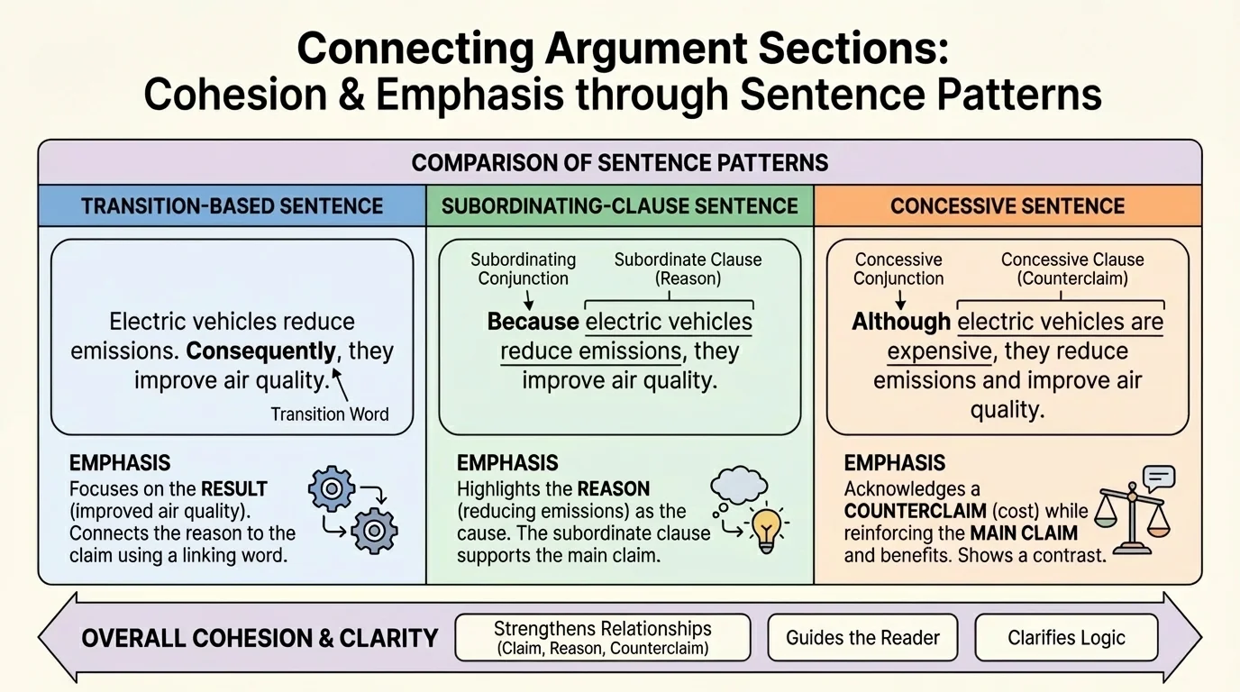 Chart comparing three sentence patterns expressing one argument point: transition-based sentence, subordinating-clause sentence, and concessive sentence, with notes on which idea receives emphasis