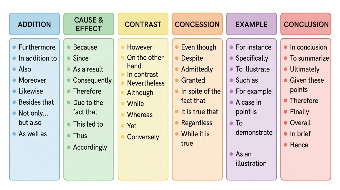 Chart grouping linking words and clause starters by purpose: addition, cause and effect, contrast, concession, example, and conclusion