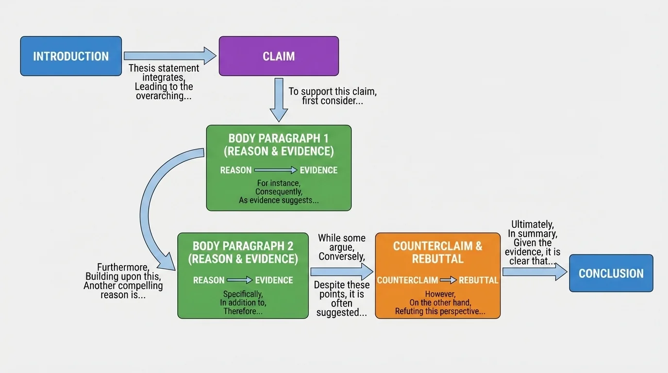 Diagram of essay structure with labeled boxes for introduction, claim, body reason 1, body reason 2, counterclaim and rebuttal, and conclusion connected by arrows